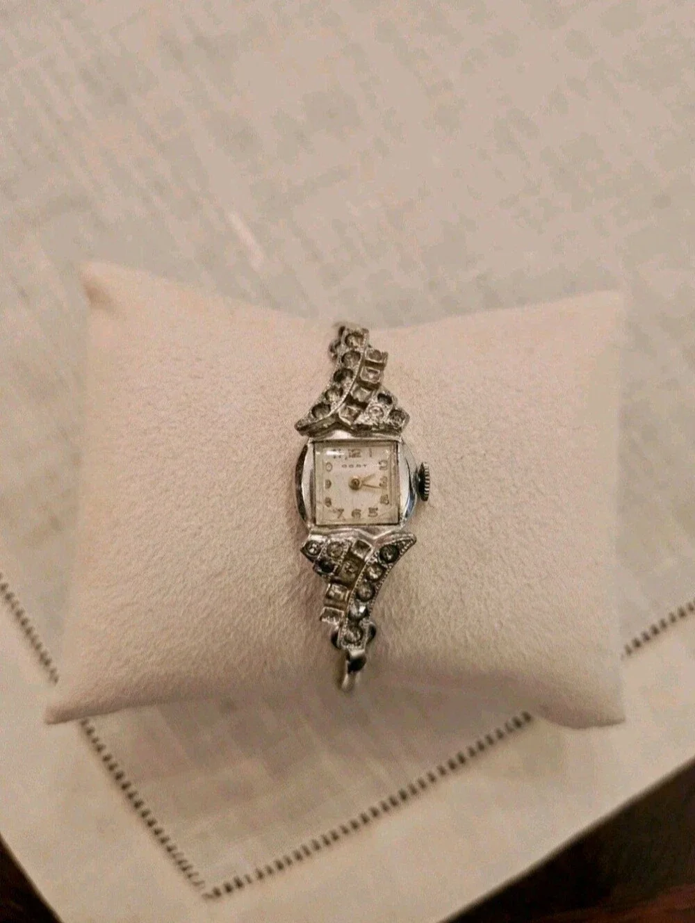 Vintage 40s Cort Art Deco Watch Rhinestone Silver Metal Band Mechanical Mvt Runs